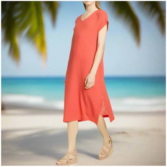 Eileen Fisher Shift Cotton Dress Womens Large Orange Short Sleeve Lightweight - Picture 1 of 7